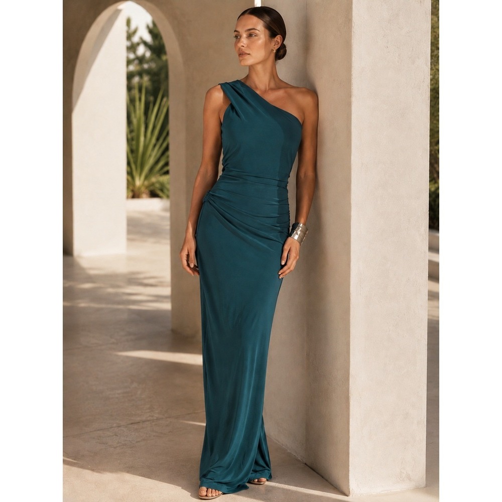 XSCAPE One Shoulder Gown Women 4 Green Ruffle Back Formal Dress USA